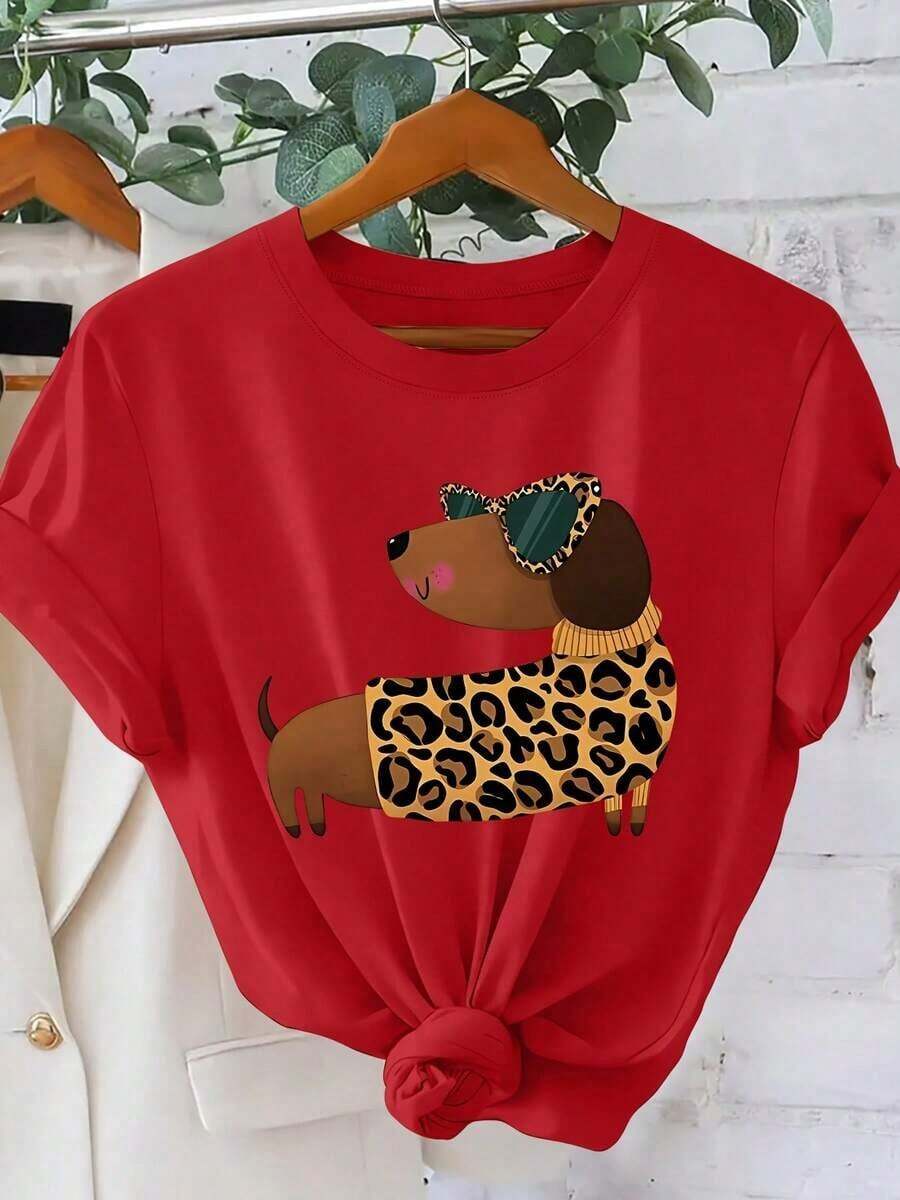 1pc Women's T-Shirt With Dachshund And Leopard Print, Spring/Summer 2026 Collection, Modern, Cool, Cute Pet Style, Short Sleeve, Personalized Daily Wear, Loose Fit Top, Versatile And Fun Pet Themed Design, Women's Clothing S-XXL 100% Cotton - 紅色的 - 查看 1