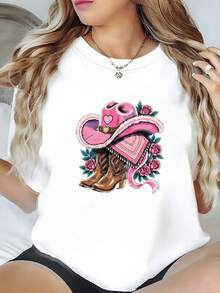 1 pieza de camiseta negra 100% algodón, adornada con una insignia de corazón con sombrero de vaquero rosa, bandana rosa, botas de vaquero marrones, patrón de rosas rosas y hojas verdes, collar con colgante de estrella en capas y elementos de anillo plateado, creando un atuendo casual de estilo vaquero femenino, temática occidental, moda de fin de semana, estilo bohemio, diseño floral, tela suave, material transpirable, camiseta estampada, top de manga corta, moda femenina 100% algodón. ropa de calor mujer - Blanco - Ver 7