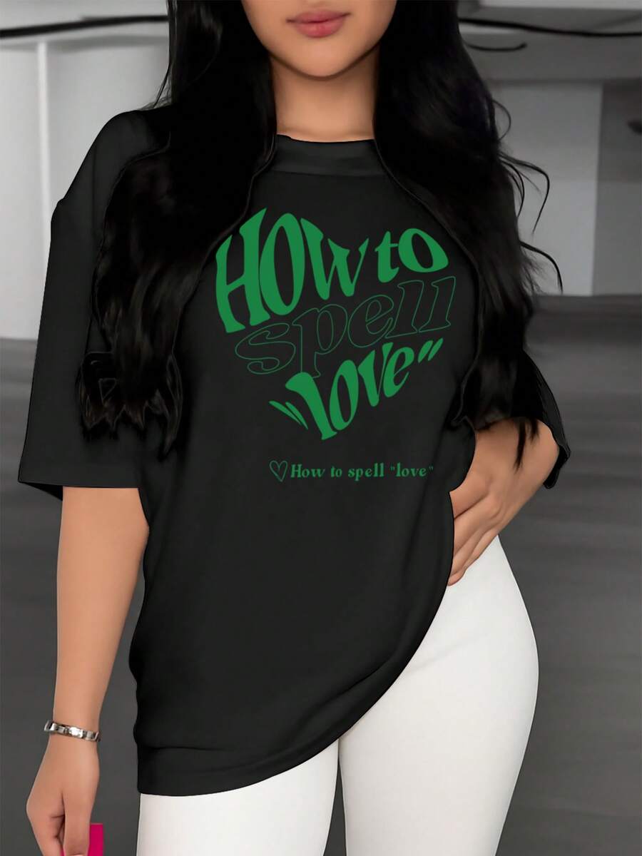 Classic T-Shirt With "How To Spell Love Heart" Typographic Print, Casual Short Sleeve, Women's Summer Clothing, Regular Length, Suitable For The Office, Work Outfits, Best-Selling Basic Garment. - 黑色 - 查看 1