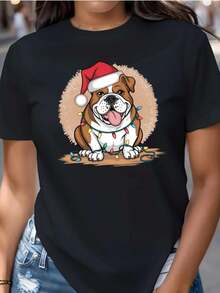 Camiseta de manga corta, negra, estampada con un patrón de gorro navideño, bulldog inglés y luces navideñas, adecuada para uso casual diario, se puede usar como capa interior en otoño e invierno o como capa exterior en primavera y verano, estilo lindo y divertido, temática navideña, un regalo ideal para amantes de los perros, ropa de mujer. Camisetas gráficas de verano para mujer, camiseta casual estampada para mujer, manga corta y cuello redondo, moda urbana local de primavera/verano. - Negro - Ver 1