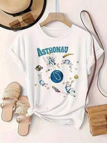 Women's Clothing Versatile Plus Size T-Shirt, Astronauts Floating Around The Planet With Stars Print, Fashionable Casual T-Shirt For Women, Suitable For All Seasons
White, The Fabric Is Comfortable And Breathable. Women's Shirts. - 白色 - 查看 2