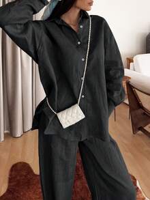 休閒時尚秋季珍珠鈕扣純色立領長袖襯衫與百搭長褲套裝，秋季，寬鬆版型，返校，基本款 - 黑色 - 查看 11