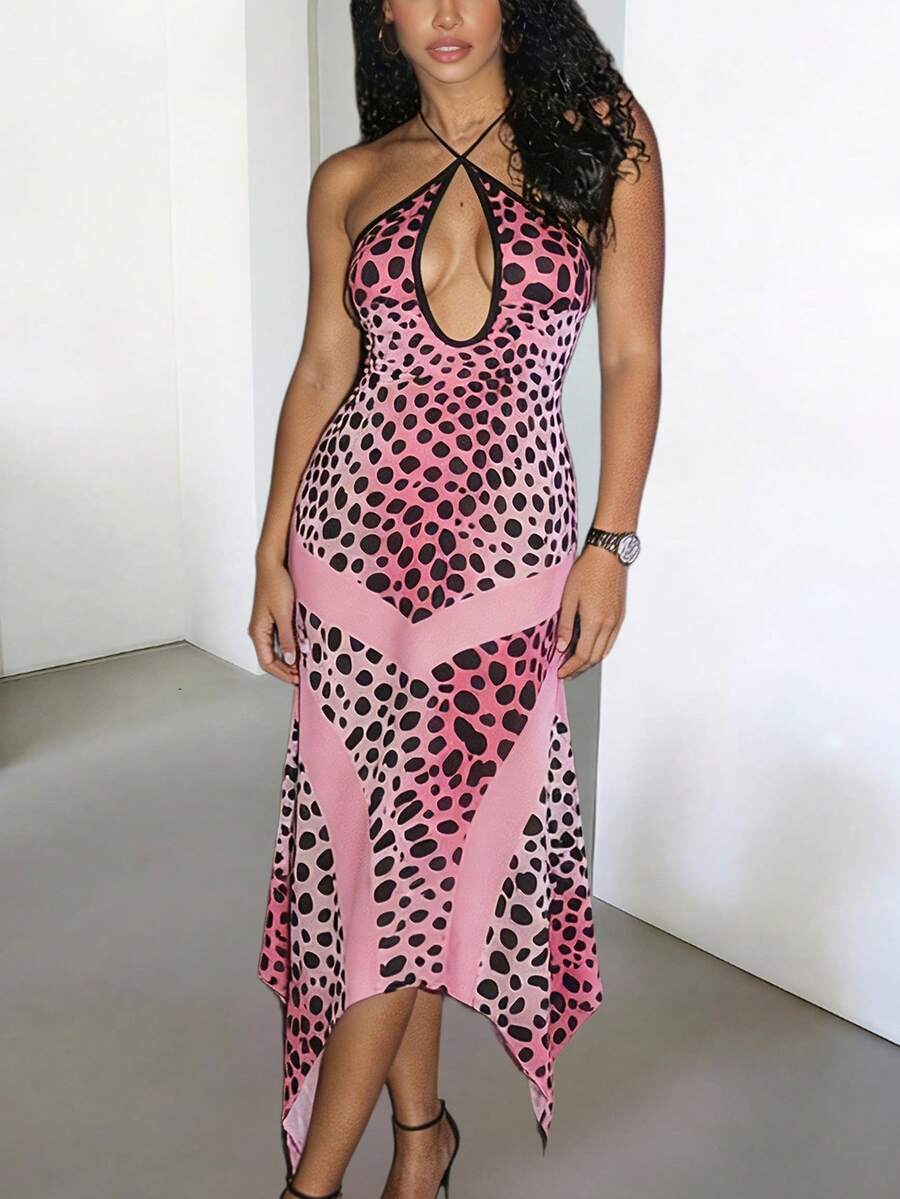 DOUCIU Summer Leopard Print Backless Bodycon Slip Dress, Party & Nightclub Outfit - Pink - View 1