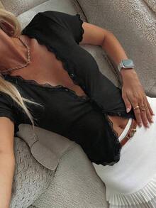Cárdigan ajustado con volantes de encaje para mujer - Negro - Ver 1