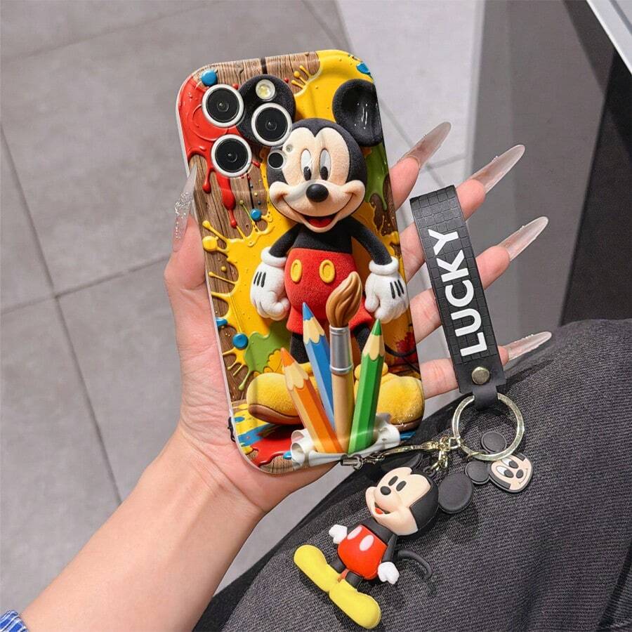 Disney Mickey Mouse Phone Case With Mickey Charm And Lanyard - Cute Mickey Protective Case With Artistic Paint Splatter And Wooden Background Design, Equipped With Delicate Mickey Decorative Lanyard And Beaded Bracelet For Easy Carrying, Compatible With IPhone 17, 16, 15, 14, 13, 12, 11 Pro Series, Ideal For Birthdays, Holidays, Anniversaries, Graduation Gifts, Or Any Special Occasion To Surprise Family, Friends, Classmates, And Loved Ones. - White - View 1
