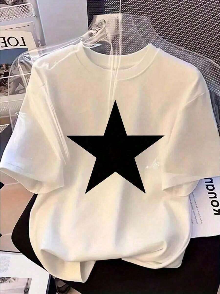 Top mujerCamisetas deportivas casuales de manga corta para mujer, 100% algodón, con estampado de estrellas llamativas - Top de cuello redondo en blanco y negro para primavera/verano, lavable a máquina, ropa de verano, tela no transparente. 2026 - Blanco - Ver 1