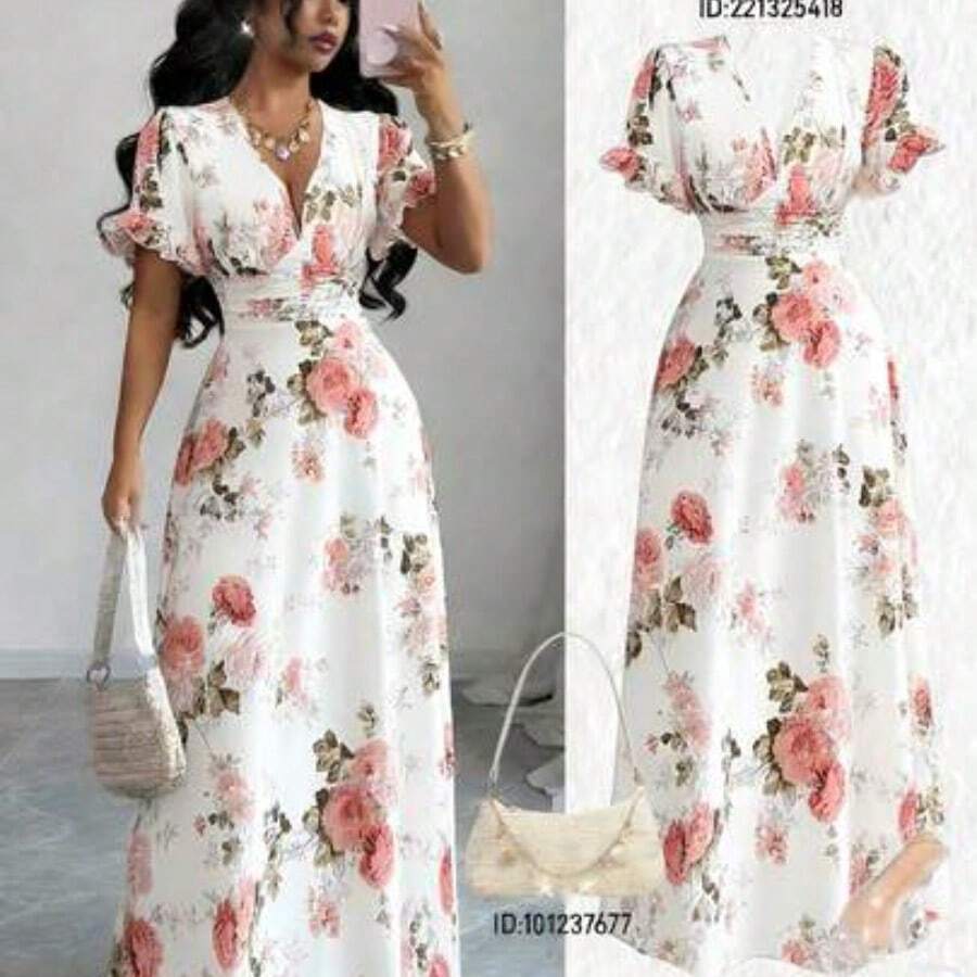 Elenzya Women's Floral Print Deep V-Neck Ruched Short Sleeve Dress - Multicolor - Ver 1