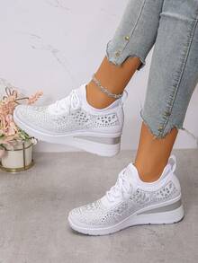 Women's New Sports Style Lace-Up Rhinestone Outdoor Wedge Thick Bottom Casual Sneakers, Breathable Comfortable Running Shoes, Outdoor Travel Shoes, Suitable For All Seasons,Indoor Chunky Heels, Casual Sports Shoes For Commuting To Work - 白色 - 查看 8