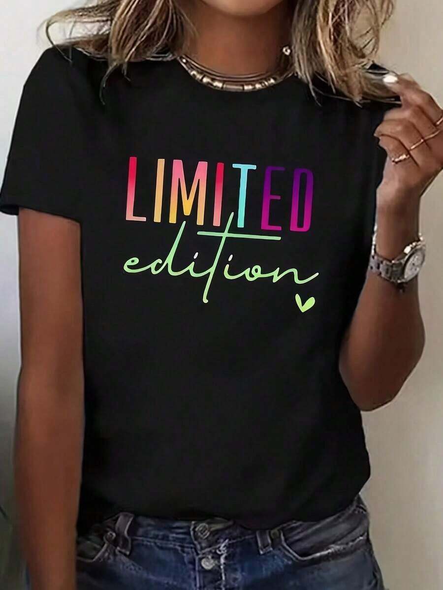 Camiseta de Algodón de la Nueva Colección 2026 para Mujer, Camiseta Gráfica de Cuello Redondo, Hombros Caídos, Manga Corta, Estilo Casual, Algodón Ligero - Negro - Ver 1