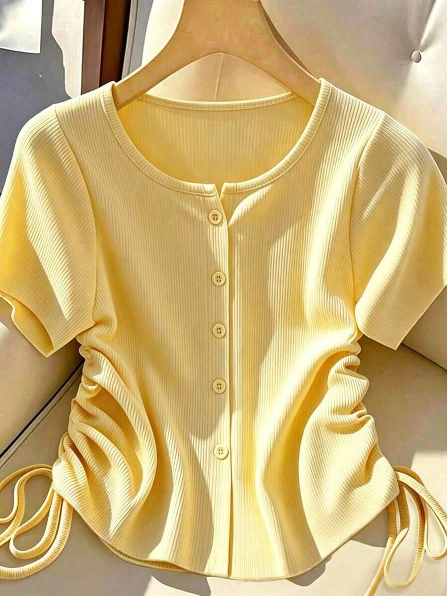 Camiseta de manga corta de verano para mujer, de unicolor, con botones delanteros y cordón lateral - Amarillo - Ver 1