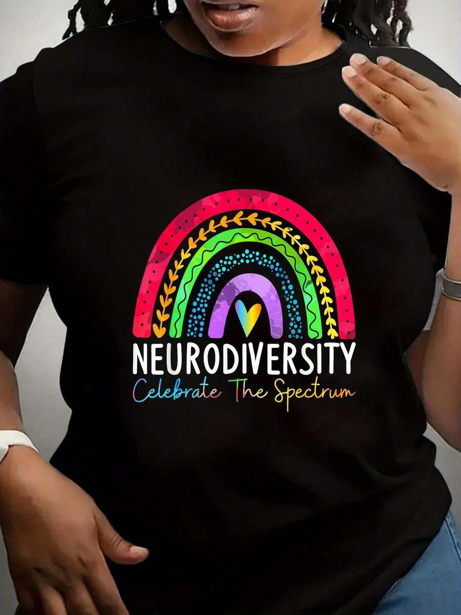 Camiseta de conciencia sobre la drsidad para mujer | Diseño arcoíris de orgullo drgente con corazones y símbolo, cuello redondo casual, manga corta, corte regular