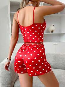 2 piezas Conjunto de pijama, Camiseta y pantalones cortos sexy para mujer, estampado total, decoración de corazón, ropa de dormir casual de verano, conjunto de verano, blusa de pijama linda, conjunto de 2 piezas, ropa de casa, vuelta al colegio, conjunto, Navidad - Rojo - Ver 2