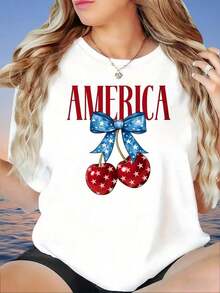 Camiseta con Estampado de Cerezas Americanas, Diseño Patriótico de Estrellas y Rayas, Camiseta Casual de Verano para Mujer, g - Blanco - Ver 1