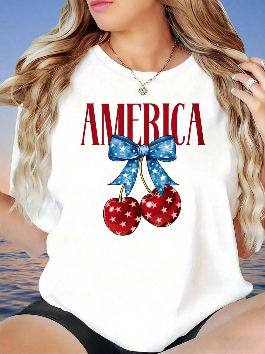 Camiseta con Estampado de Cerezas Americanas, Diseño Patriótico de Estrellas y Rayas, Camiseta Casual de Verano para Mujer, g - Blanco - Ver 1