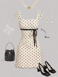 Vestido con estampado floral de pliegues de malla con lazo - Albaricoque - Ver 1