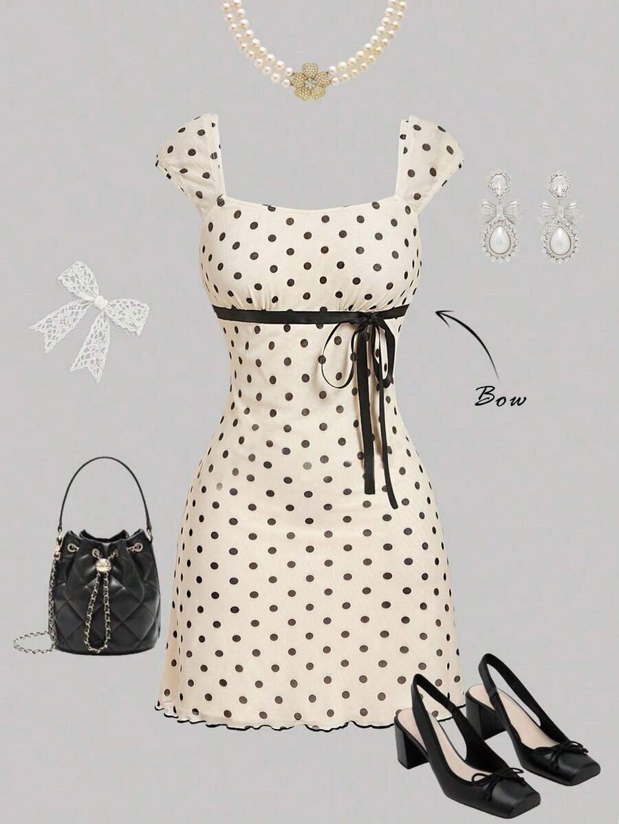 Vestido con estampado floral de pliegues de malla con lazo - Albaricoque - Ver 1
