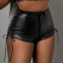 Summer  New Casual Sport Street Style Black Leather Shorts With Side Hollow Criss-Cross Strap, Fashionable Mini Shorts - Negro - Ver 4