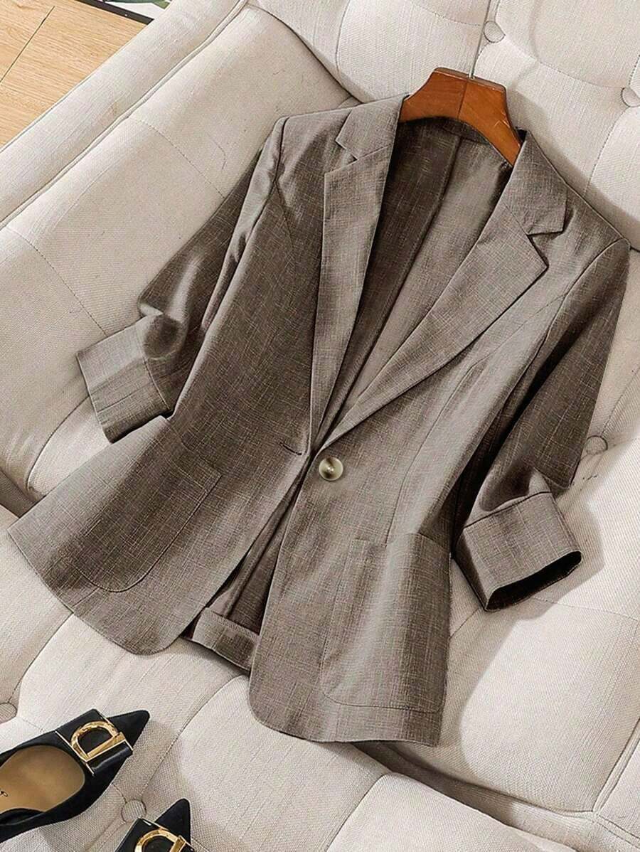 Blazer de lino de 3/4 de manga con cintura ajustable, diseño de botones, adecuado para ir al trabajo, eventos formales, fiestas elegantes, ropa de oficina - Primavera, Verano, Otoño - Marrón - Ver 1