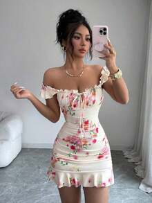 Vestido con estampado floral, volantes y bajo sexy para mujer - Amarillo - Ver 3