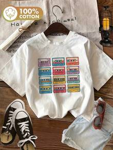 Women's Vintage Cassette Tape Graphic T-Shirt - 100% Cotton, Short Sleeve, Crew Neck, Relaxed Fit With Retro Musical Design, Breathable Spring/Summer Tee, Casual Shirts For Ladies, Non-See-Through Fabric, Streetwear Style - 白色 - 查看 6
