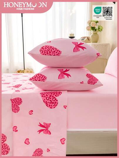 3pcs/Set (1 Fitted Sheet + 1 Flat Sheet + 1 Pillowcase) Or 4pcs/Set (1 Fitted Sheet + 1 Flat Sheet + 2 Pillowcases) Honeymoon Leopard Print Bow Bedding Set, 100% Polyester Fabric, Fits 9-12 Inch Deep Pockets, Soft & Breathable, Shrink-Resistant, Suitable For T/F/Q/K Size Home And Dorm, Oeko-Tex Certified, Great Gift For Mom