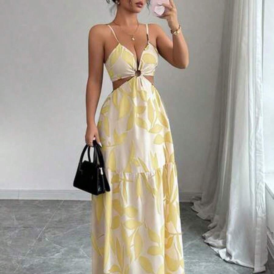 Elenzya Women's Summer New Arrivals Spaghetti Strap Cinched Waist Floral Print Dress (Random Floral Print Cut) - Amarillo claro - Ver 1