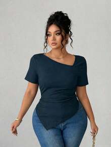 Camiseta de manga corta de cuello asimétrico para mujer talla grande, top ajustado versátil y elegante de alta gama, adecuado para primavera/verano - Agua verde azul - Ver 5