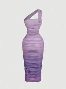 Vestido de malla de longitud media con un hombro, fruncido y efecto ombré - Morado Violeta - Ver 2