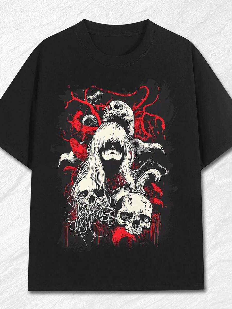 Camiseta de hombre con estampado de calaveras góticas - Diseño de fantasía oscura, calaveras rojas y blancas sobre fondo negro,% tela suave y transpirable, manga corta, cuello redondo, estilo casual y vanguardista, adecuada para uso diario y fiestas, se puede usar durante todo el año. - Negro - Ver 1