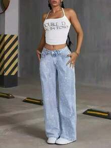 Jeans de pierna ancha con adornos de strass con estampado de estrellas, casuales para primavera - azul claro - Ver 4