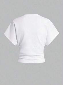 Camiseta blanca casual de mujer de cuello redondo y manga corta, holgada - Blanco - Ver 2