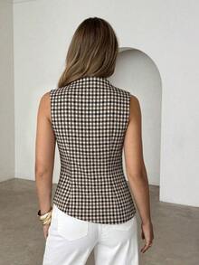Camiseta ajustada con pliegues y estampado a cuadros para mujer, adecuada para uso diario, trabajo y viajes en verano - Multicolor - Ver 2