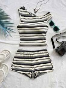Eduarda Gutierrez  Conjunto de 2 piezas para mujer con top corto de punto a rayas y shorts ajustados de tiro súper bajo, atuendo adecuado para vacaciones, fiestas, Navidad, San Valentín, citas, playa, crucero, carnaval, Pascua, Año Nuevo Chi - Multicolor - Ver 5