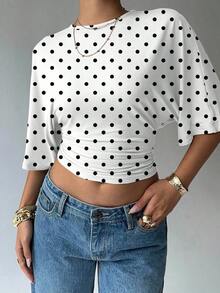 Blusa de verano para mujer con diseño de manga murciélago, cuello redondo, fruncido y estampado floral de tinte de agua en tonos cálidos, ideal para playa/vacaciones, un look casual, minimalista y elegante - Blanco y Negro - Ver 5