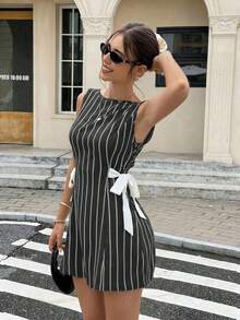 Vestido coreano de mujer con estampado de lunares, lazo y tirantes versátil y de moda - Gris - Ver 6