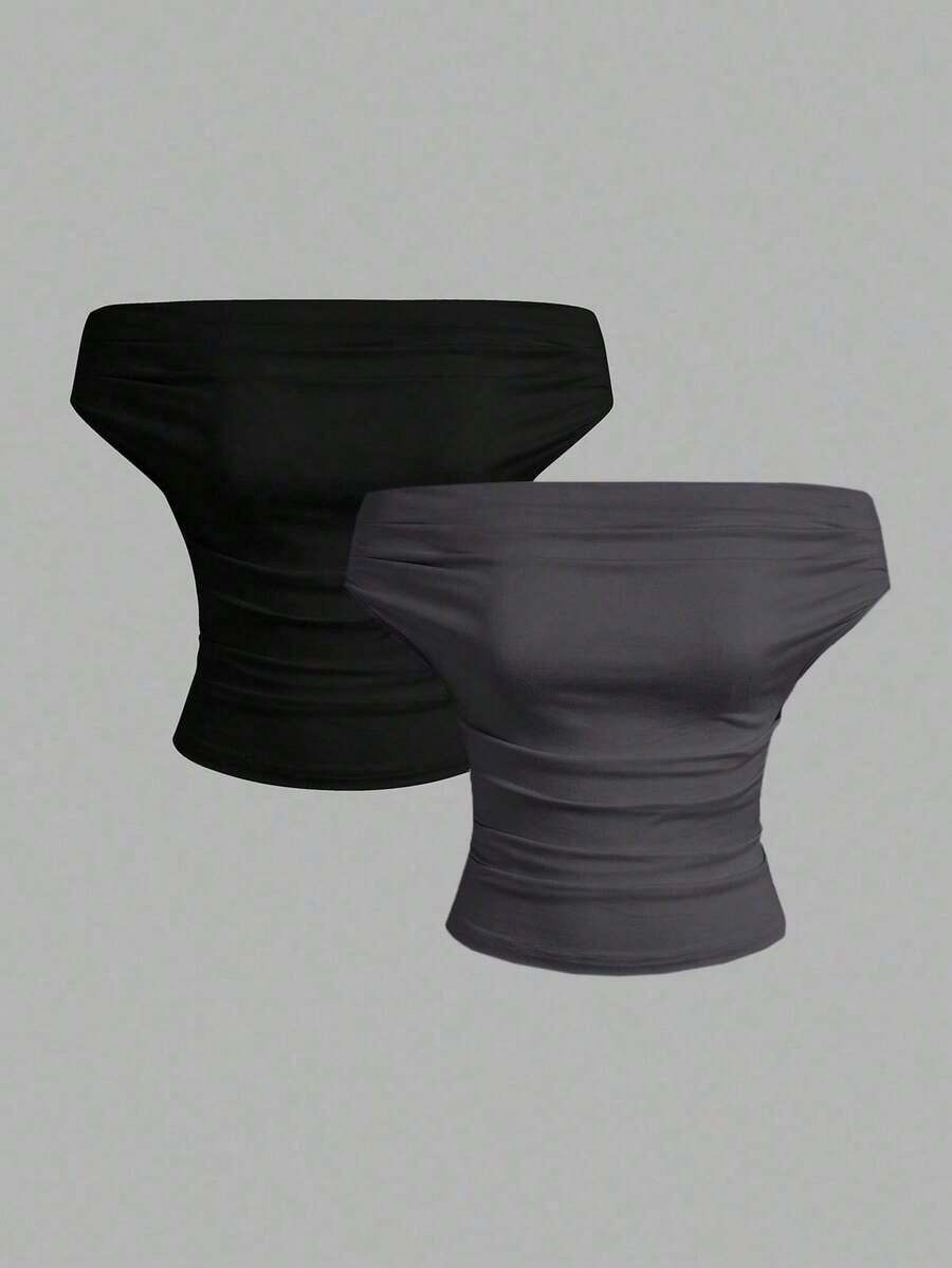 Set de 2 blusas de hombros descubiertos con volantes en unicolor negro y rosa, nuevas para el verano, versátiles y combinables para mujer - Multicolor 7 - Ver 1
