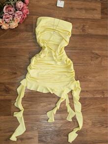 Elegante vestido ajustado de color vino tinto con cuello halter, con diseño asimétrico y fluido, perfecto para fiestas, vacaciones en la playa, festivales de música, salidas y citas, vestido ajustado de verano para mujer, vestido de fiesta para mujer - amarillo ganso - Ver 1