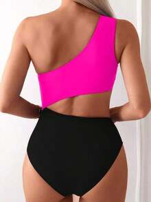 Swim 1 pieza Traje de baño de una pieza para mujer con diseño calado y fruncido en color liso - Multicolor - Ver 2