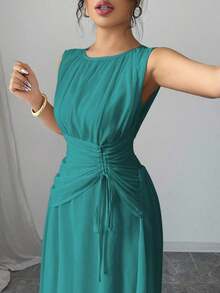 Vestido maxi casual, romántico, vintage y elegante de gasa para mujer con cordón en la cintura, para la playa, el té de la tarde, fiestas de noche, uso diario, sin mangas, de unicolor, vestido largo, primavera/verano - Agua verde azul - Ver 3