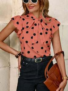 Blusa con lazo elegante para mujer, versátil para el trabajo y el uso casual, verano - Naranja Coral - Ver 5