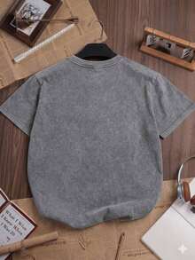 Washed Grey Short-Sleeved T-Shirt With A Loose Fit, Vintage Urban Style, Basic, Breathable And Comfortable For The Skin In Summer. - Grey - View 2