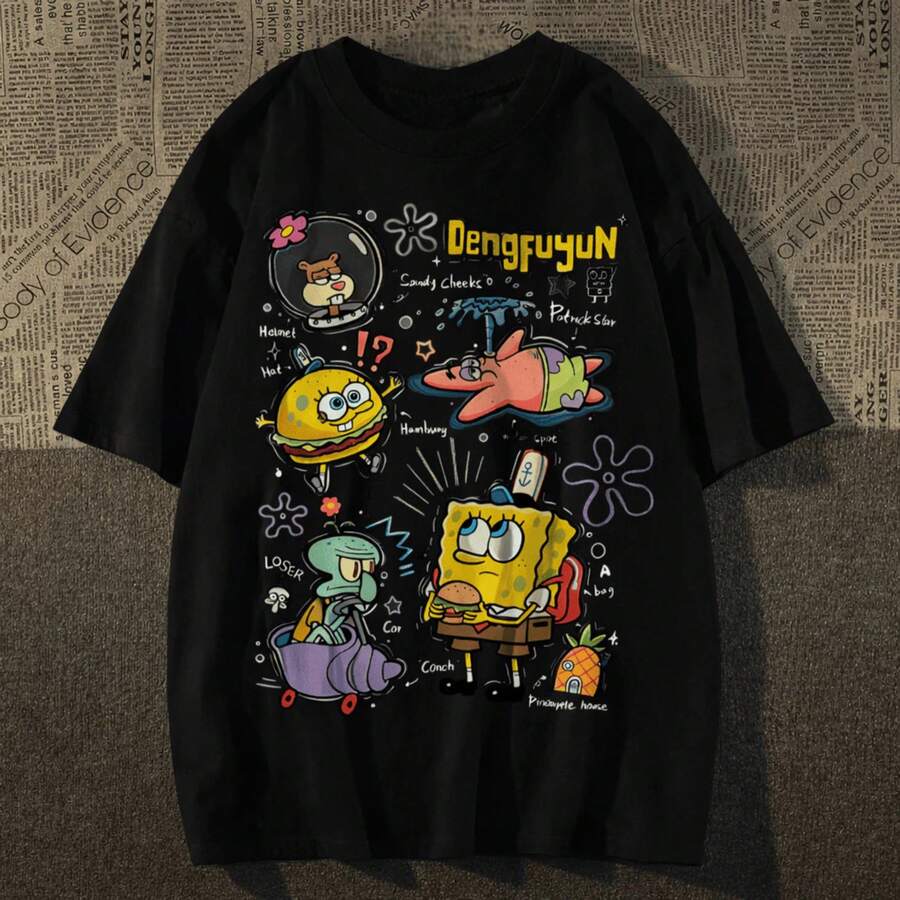 Unisex Oversized Short-Sleeve T-Shirt, Neutral, Men's/Women's, 100% Cotton, Bikini Bottom Print, Casual, Round Neck, In Stock In Brazil, 24h Shipping, Colors: Black And White - J1 - 查看 1