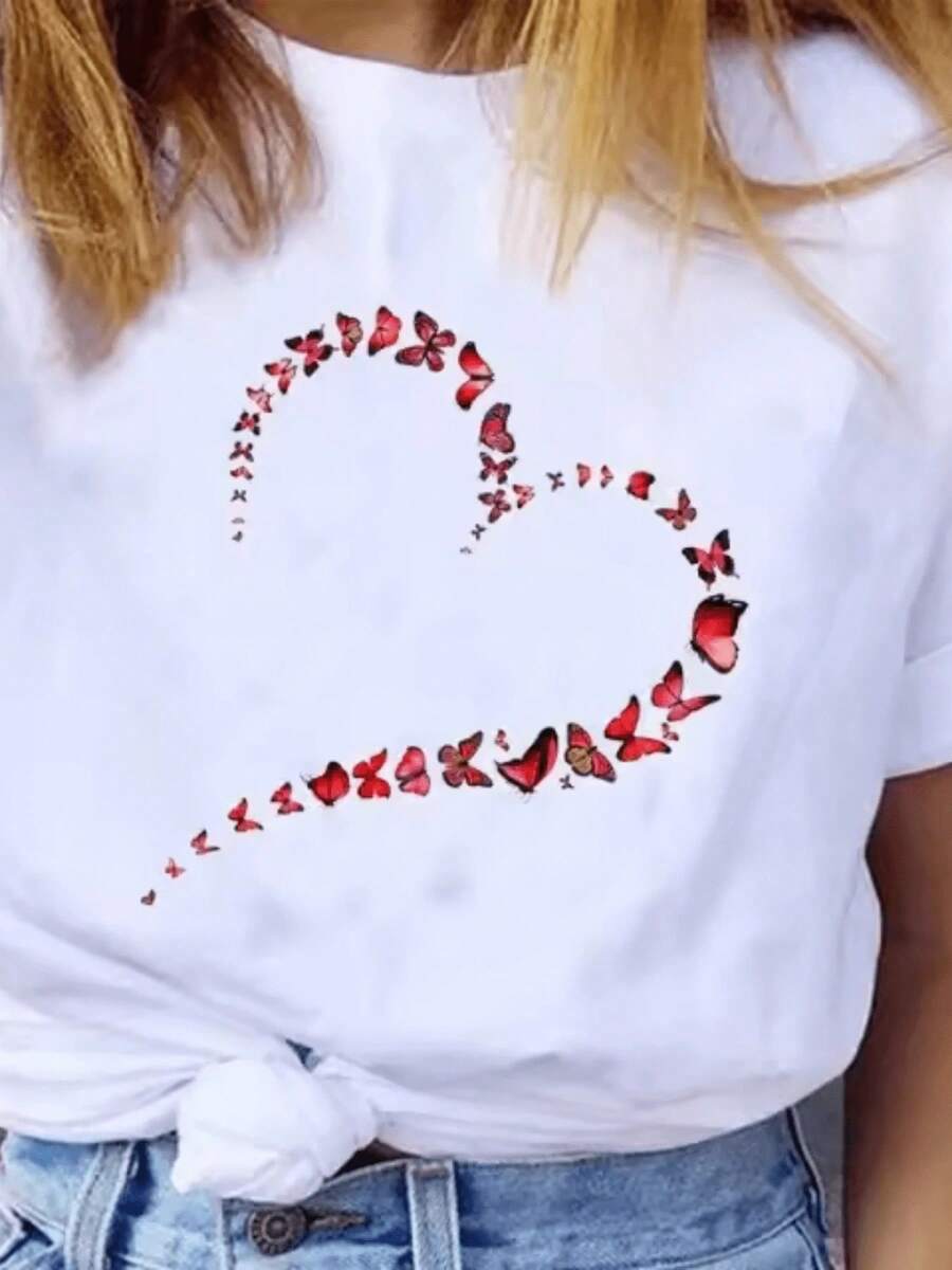 Camiseta de manga corta Love para mujer, cuello redondo, estilo europeo, W-05 (2) - Blanco - Ver 1