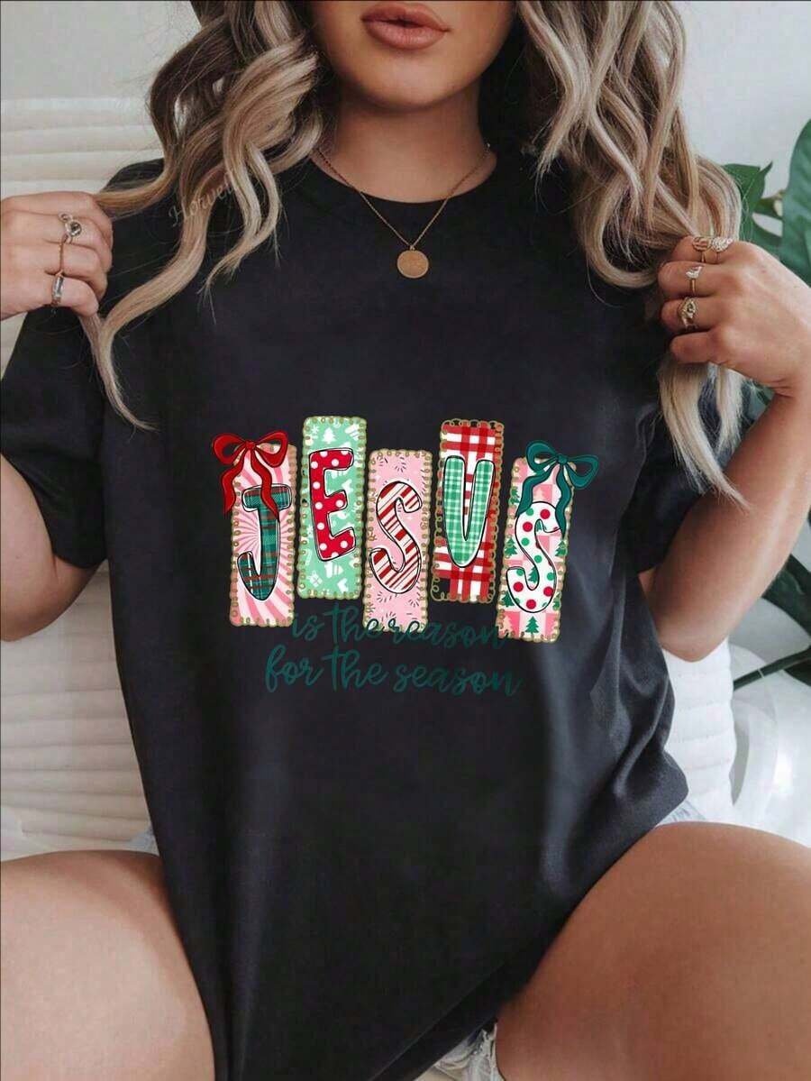 Women's Casual Short Sleeve T-Shirt - "Jesus Is The Reason For The Season" - Round Neck, Summer Top, Machine Washable, Ladies' T-Shirts, Casual Wear, Modern Style, Comfortable Fit
Black - 黑色 - 查看 1