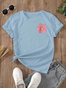 Women's Light Blue Summer Oversized T-Shirt With "Forever Awesome" Slogan And Pink Flowers. Loose-Fitting Round Neck T-Shirt With Printed Text And Floral Design, Fresh And Casual Style. - YH408-藍色 - 查看 2