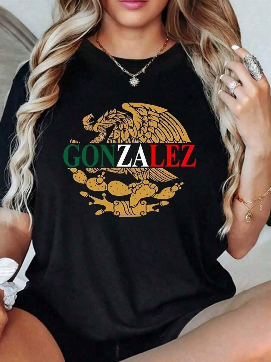 Playera Estampada Cinco de Mayo para Mujer, Corte Normal, Colores de México, Estampado Gráfico de Águila, Camiseta Casual de Manga Corta 100% Algodón para Mujer, Orgullo Mexicano, 1 Pieza, E - Negro - Ver 1