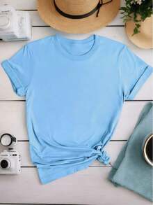 Women's White Summer T-Shirt, Watercolor Floral Design With Heart And Teardrop, Bohemian Style, Casual Round Neck, Soft Cotton, Romantic And Whimsical Design For Flower Lovers In Spring And Summer - 藍色 - 查看 2