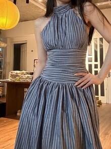 Nueva colección Primavera vestido a rayas estilo europeo espalda descubierta cintura alta corte amplio diseño elegante original moda  sofisticado para mujer - Gris - Ver 7