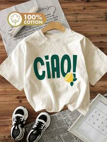 Camiseta de algodón de manga corta y cuello redondo con estampado "Lemon Ciao!" de estilo minimalista. - Albaricoque - Ver 6