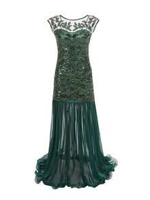 Women's Long Party Dress With V-Neck, Sequin And Lace Embroidery On The Top, Flowing Chiffon Skirt, Various Colors (Green, Black, Red, Champagne), Ideal For Banquets And Formal Events. - 綠色 - 查看 1